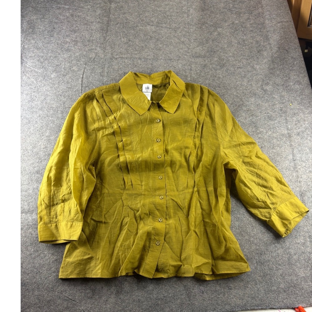 Cabi Green Pintuck Button Down Blouse Women XL Sheer Old Money Preppy Classy SEE